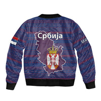 Serbia Sleeve Zip Bomber Jacket with National Map and Coat of Arms Design in Blue Red Pattern
