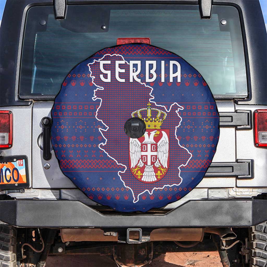 Serbia Spare Tire Cover with National Map and Coat of Arms Design in Blue Red Pattern