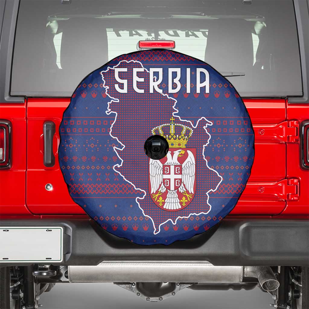 Serbia Spare Tire Cover with National Map and Coat of Arms Design in Blue Red Pattern
