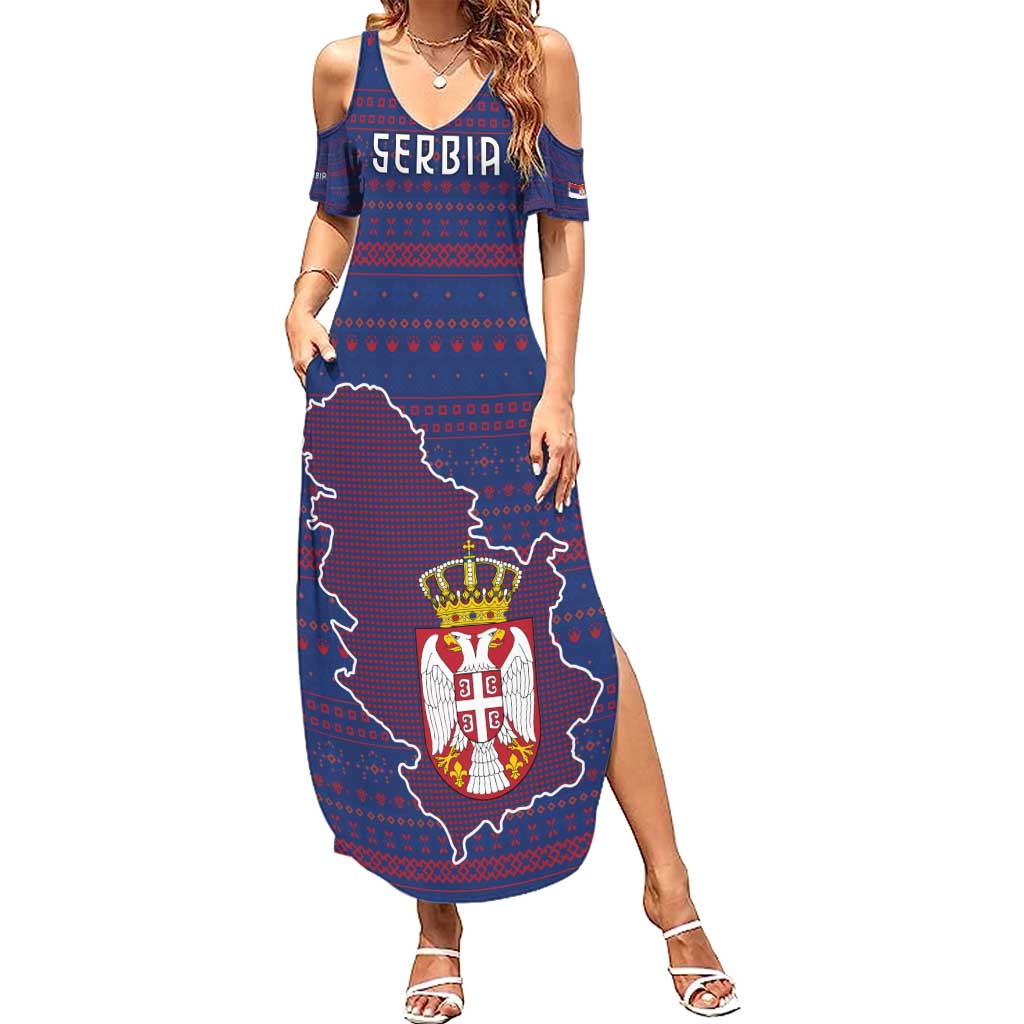 Serbia Summer Maxi Dress with National Map and Coat of Arms Design in Blue Red Pattern
