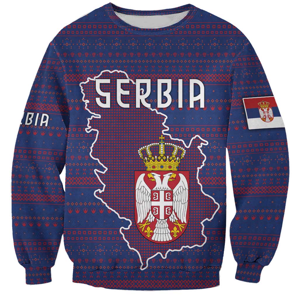 Serbia Sweatshirt with National Map and Coat of Arms Design in Blue Red Pattern