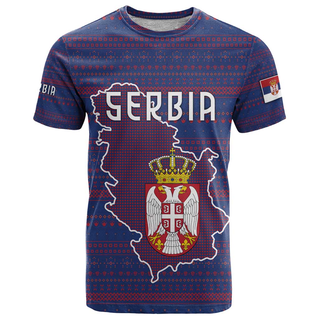 Serbia T Shirt with National Map and Coat of Arms Design in Blue Red Pattern
