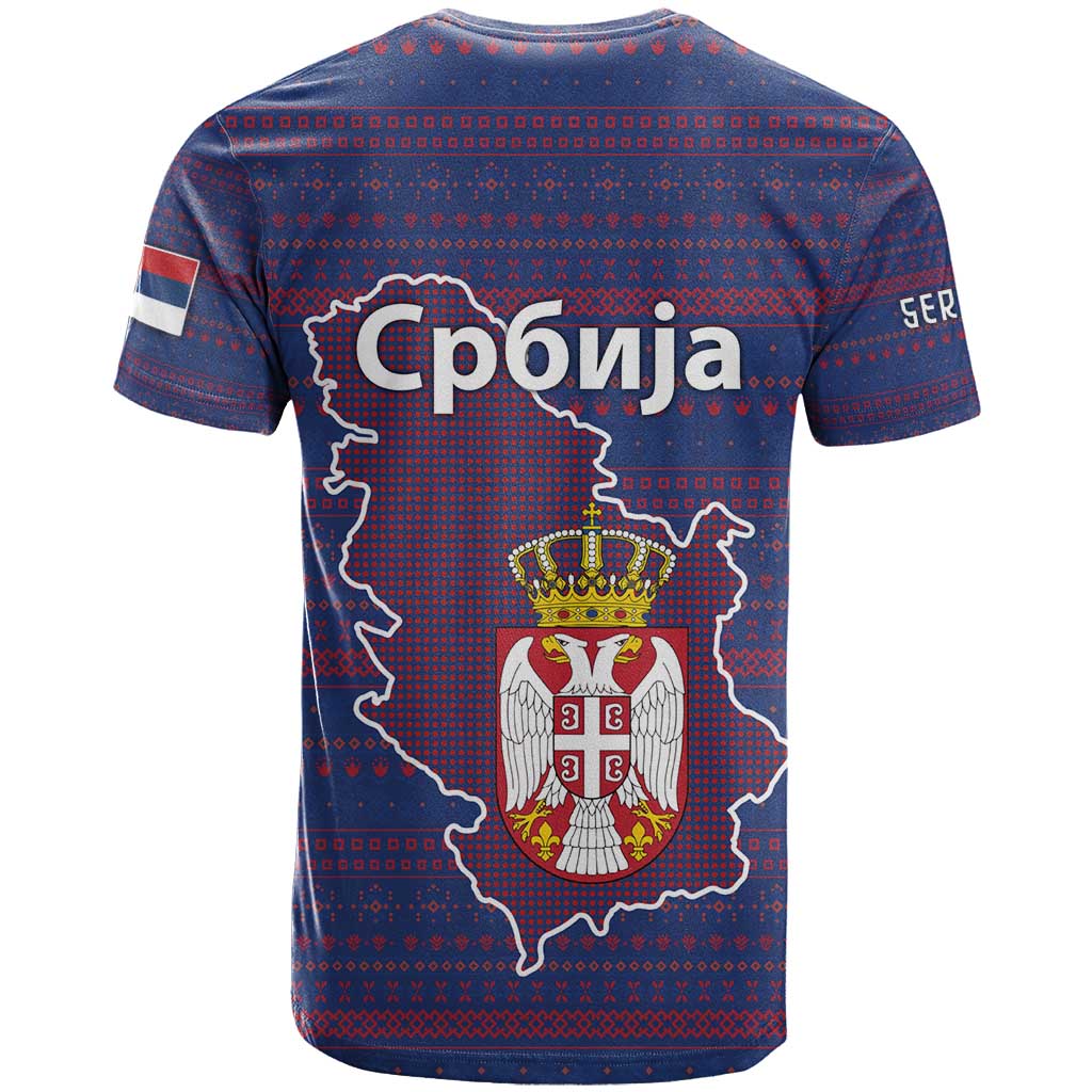 Serbia T Shirt with National Map and Coat of Arms Design in Blue Red Pattern