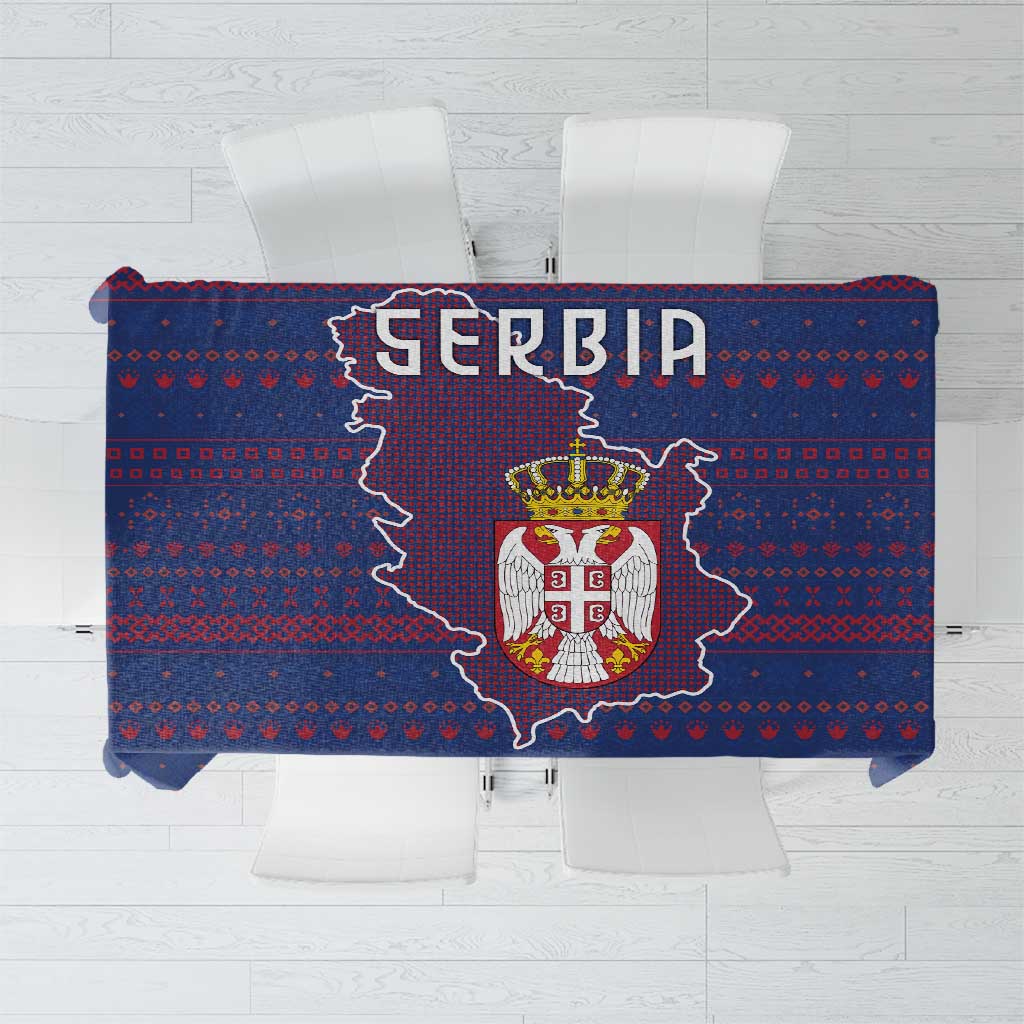 Serbia Tablecloth with National Map and Coat of Arms Design in Blue Red Pattern