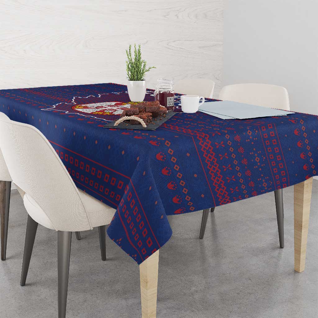 Serbia Tablecloth with National Map and Coat of Arms Design in Blue Red Pattern