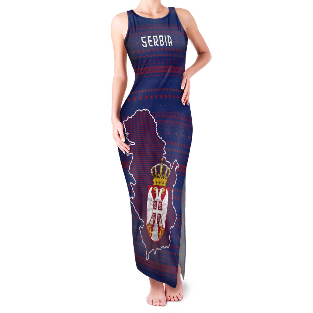 Serbia Tank Maxi Dress with National Map and Coat of Arms Design in Blue Red Pattern