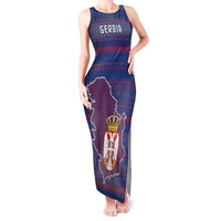 Serbia Tank Maxi Dress with National Map and Coat of Arms Design in Blue Red Pattern