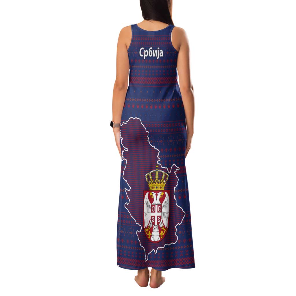 Serbia Tank Maxi Dress with National Map and Coat of Arms Design in Blue Red Pattern