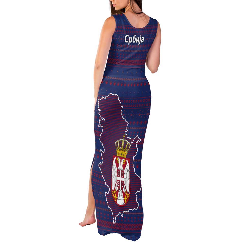 Serbia Tank Maxi Dress with National Map and Coat of Arms Design in Blue Red Pattern