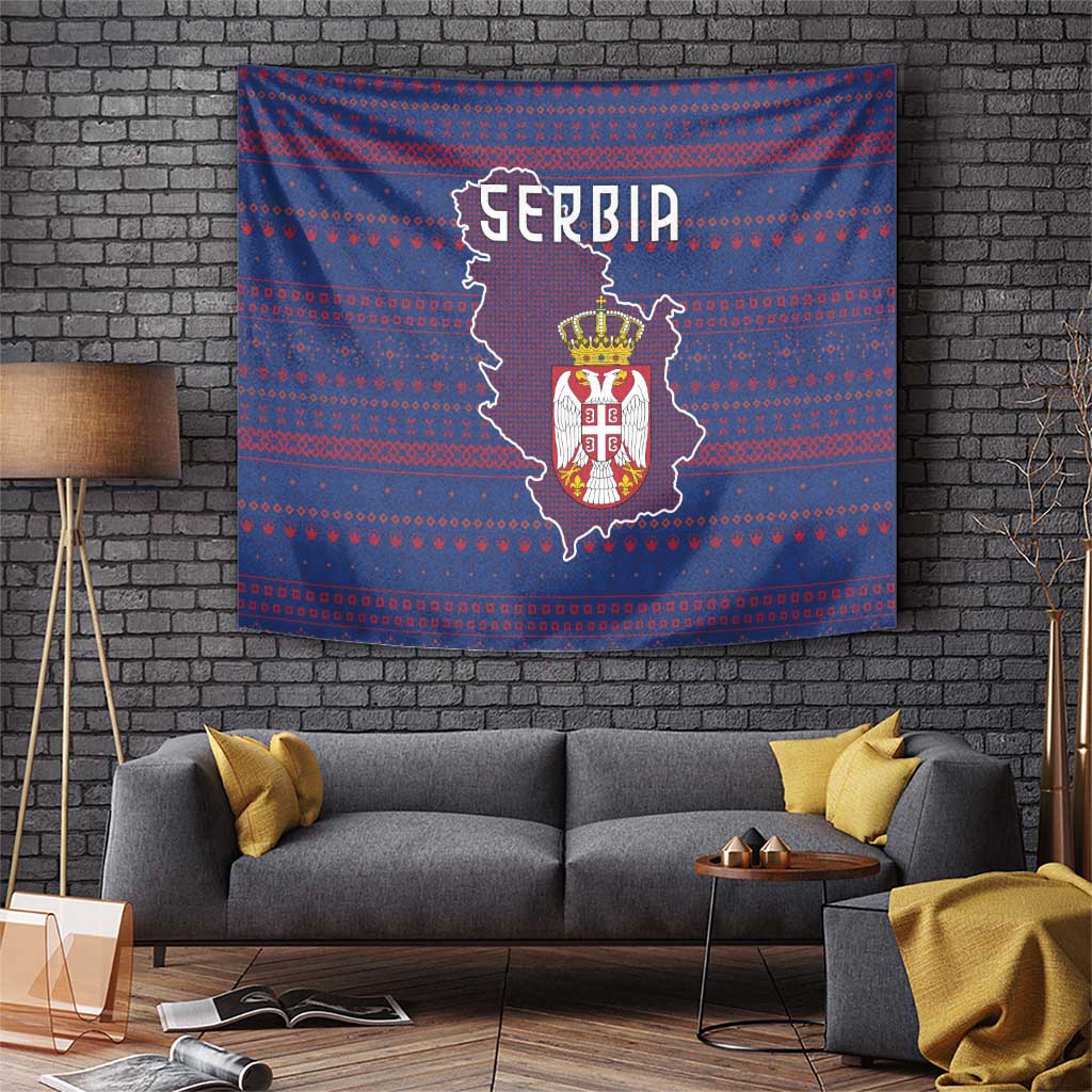 Serbia Tapestry with National Map and Coat of Arms Design in Blue Red Pattern