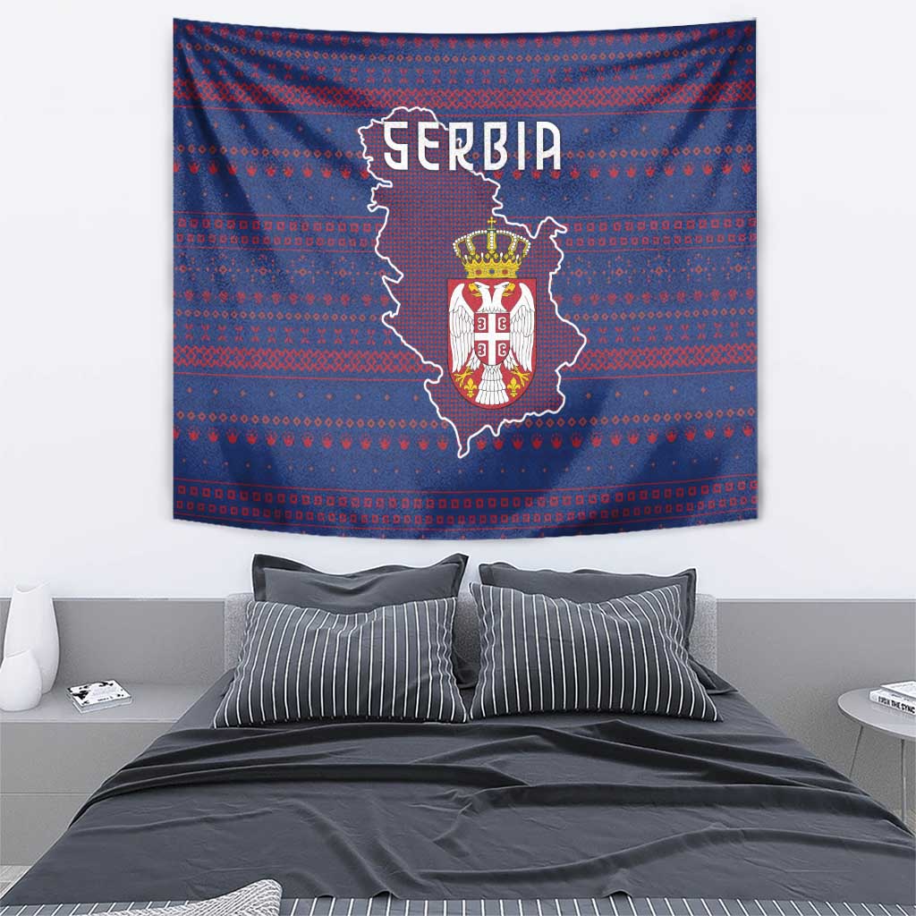 Serbia Tapestry with National Map and Coat of Arms Design in Blue Red Pattern