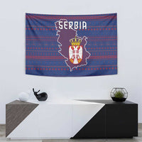 Serbia Tapestry with National Map and Coat of Arms Design in Blue Red Pattern