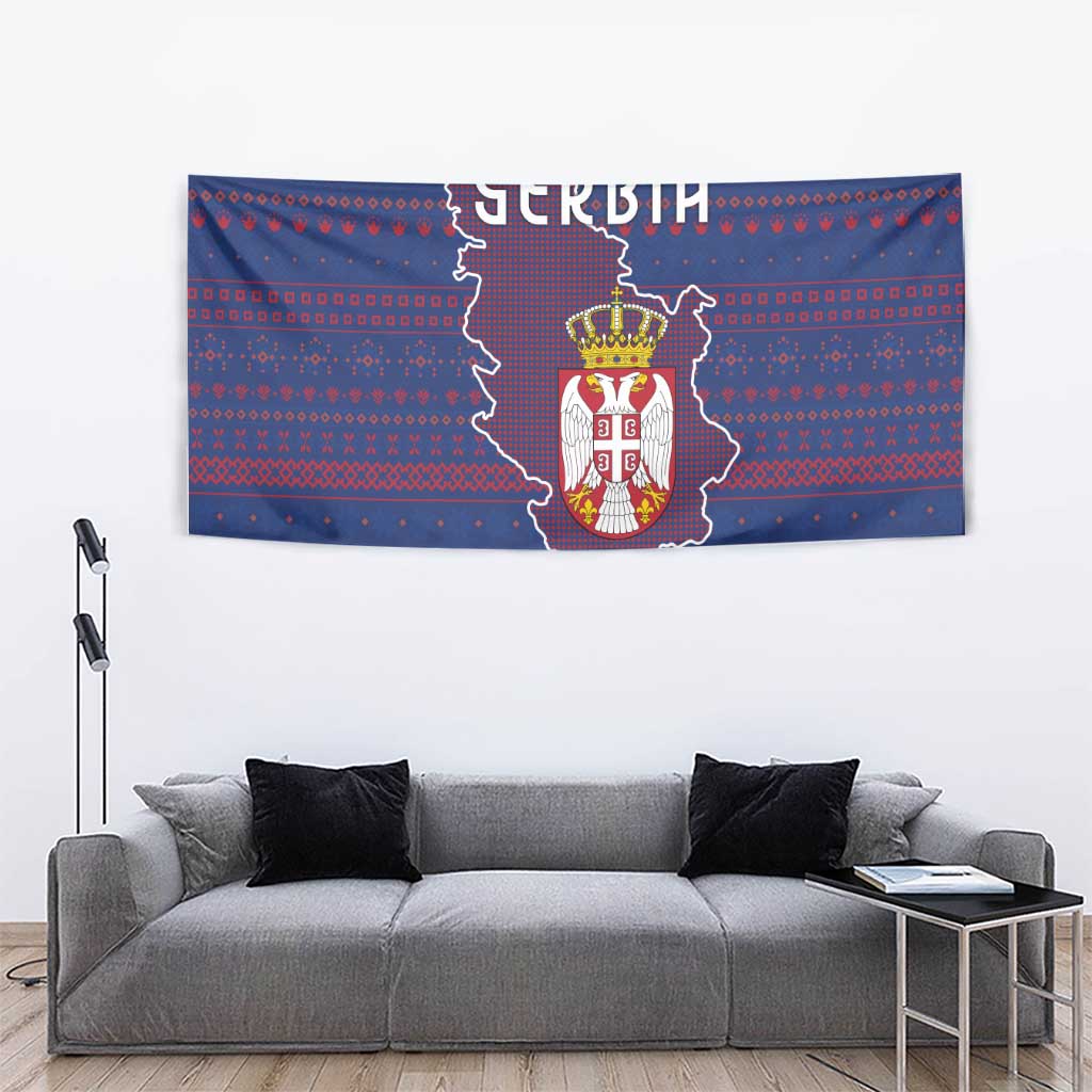 Serbia Tapestry with National Map and Coat of Arms Design in Blue Red Pattern