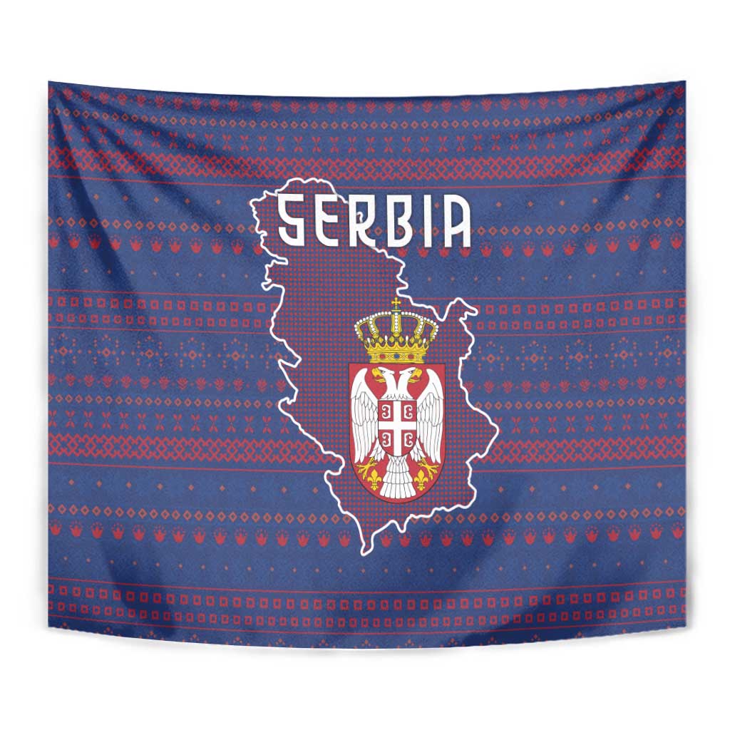 Serbia Tapestry with National Map and Coat of Arms Design in Blue Red Pattern