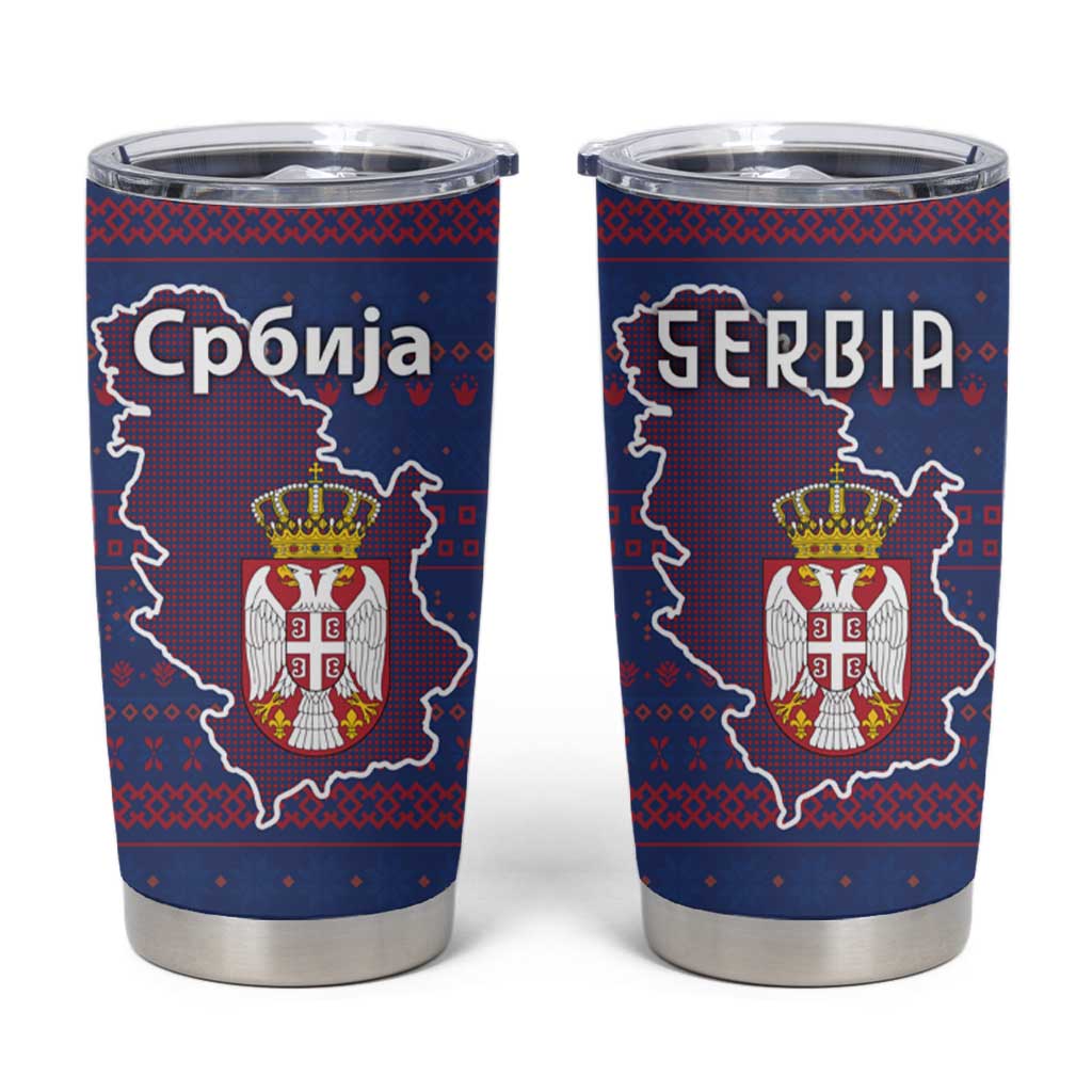 Serbia Tumbler Cup with National Map and Coat of Arms Design in Blue Red Pattern