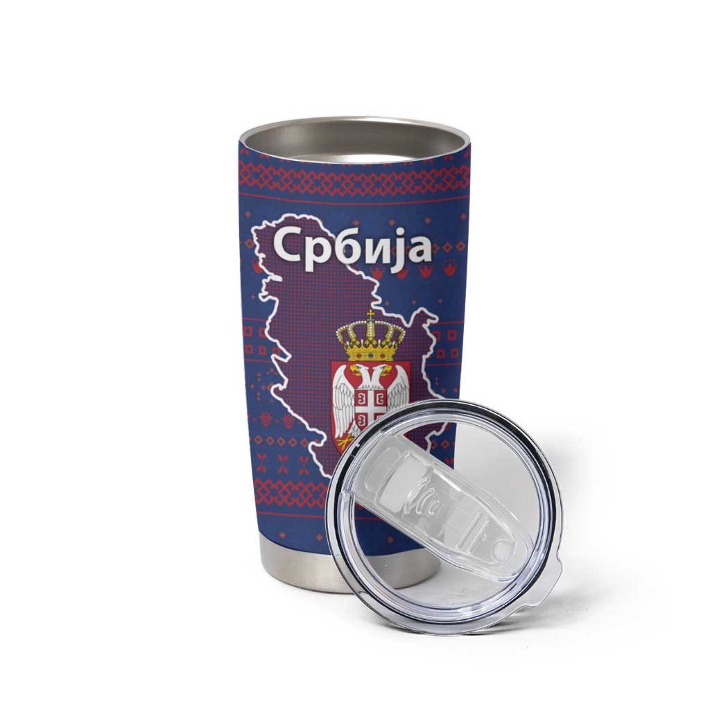 Serbia Tumbler Cup with National Map and Coat of Arms Design in Blue Red Pattern
