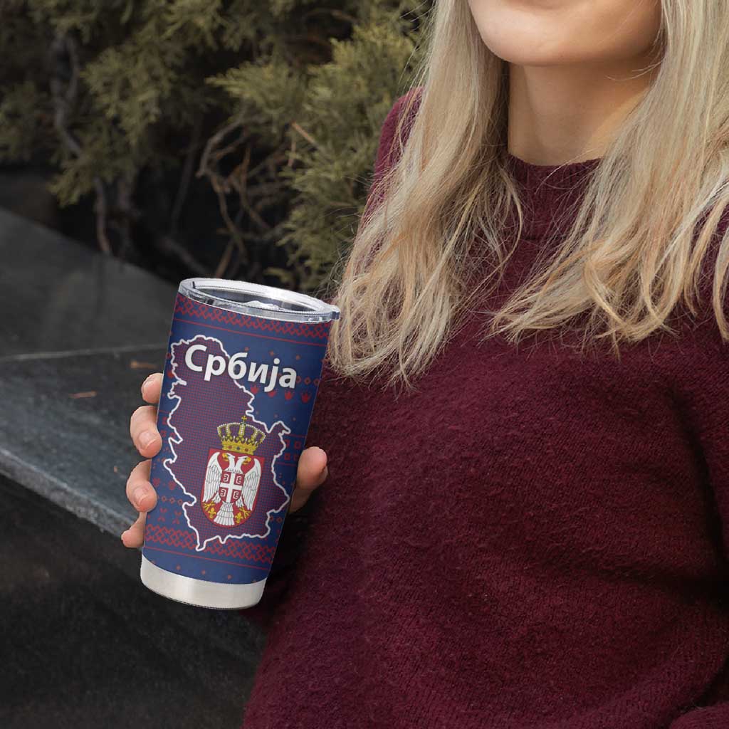 Serbia Tumbler Cup with National Map and Coat of Arms Design in Blue Red Pattern