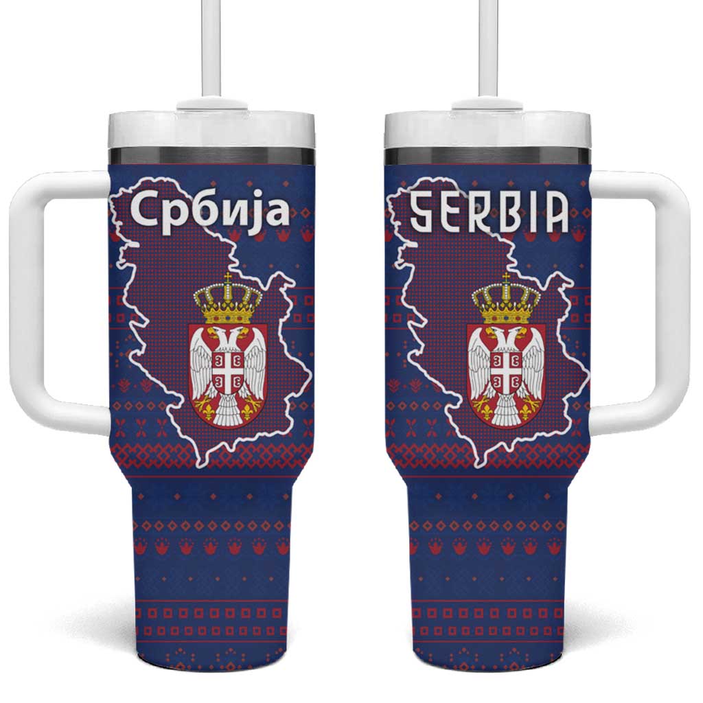 Serbia Tumbler With Handle with National Map and Coat of Arms Design in Blue Red Pattern