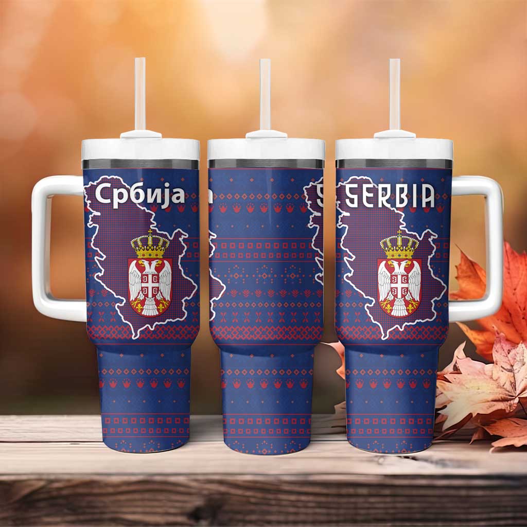 Serbia Tumbler With Handle with National Map and Coat of Arms Design in Blue Red Pattern