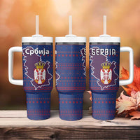 Serbia Tumbler With Handle with National Map and Coat of Arms Design in Blue Red Pattern