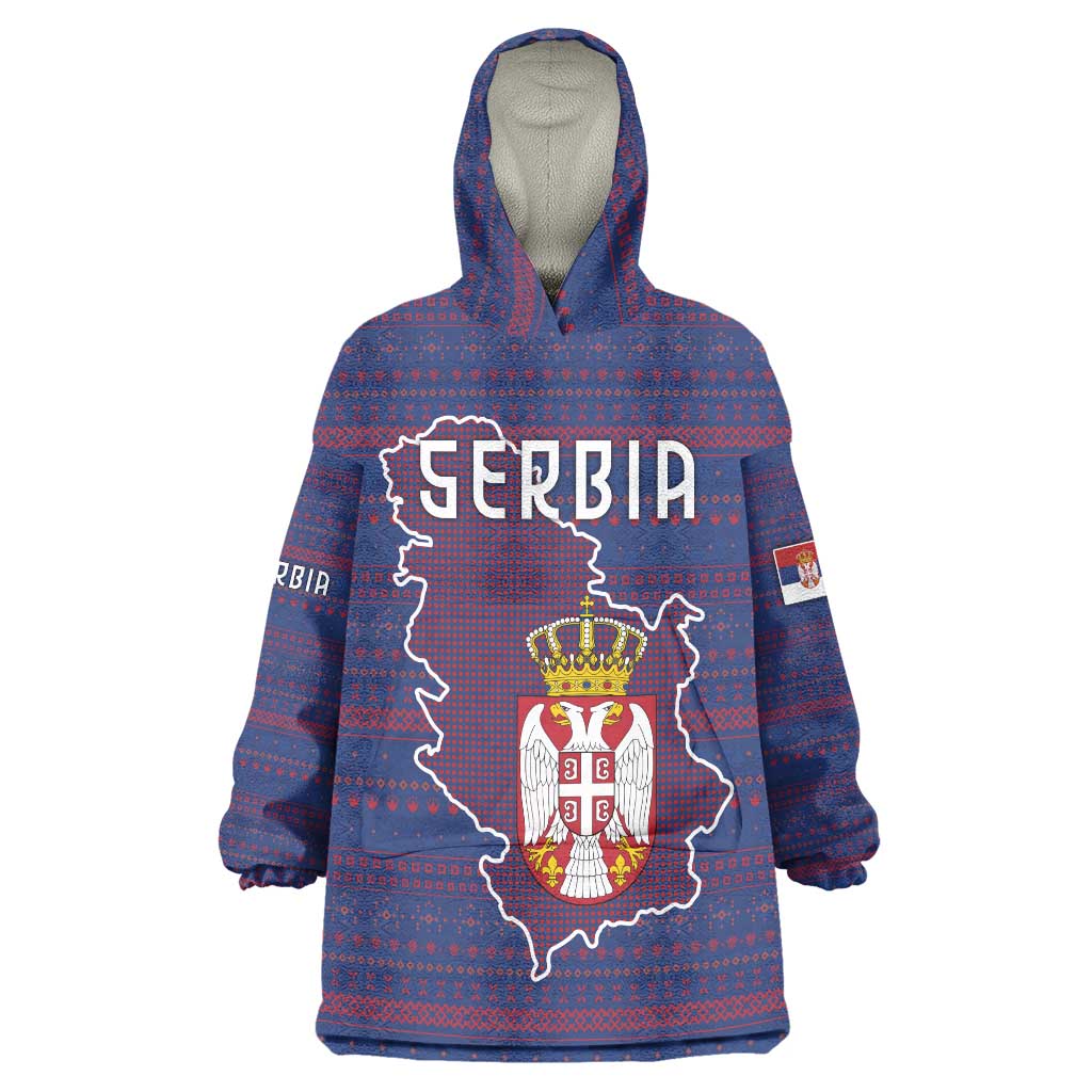 Serbia Wearable Blanket Hoodie with National Map and Coat of Arms Design in Blue Red Pattern