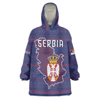 Serbia Wearable Blanket Hoodie with National Map and Coat of Arms Design in Blue Red Pattern