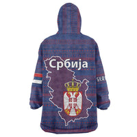 Serbia Wearable Blanket Hoodie with National Map and Coat of Arms Design in Blue Red Pattern