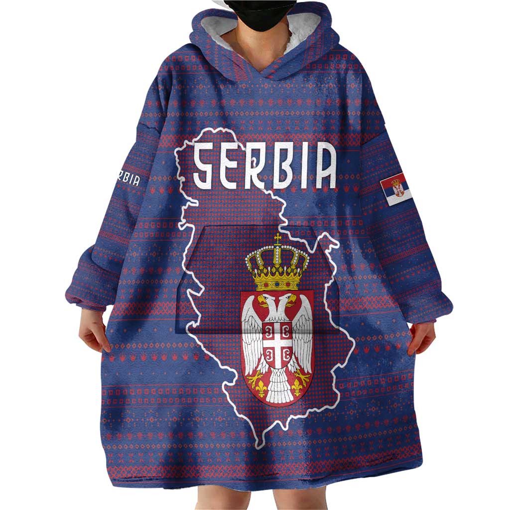 Serbia Wearable Blanket Hoodie with National Map and Coat of Arms Design in Blue Red Pattern