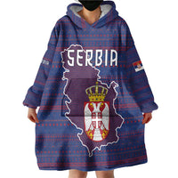 Serbia Wearable Blanket Hoodie with National Map and Coat of Arms Design in Blue Red Pattern