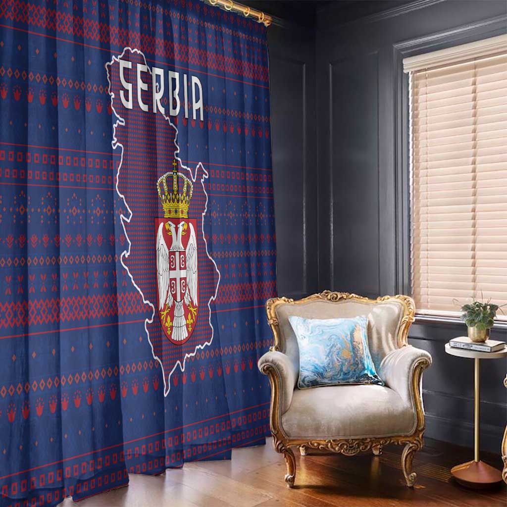 Serbia Window Curtain with National Map and Coat of Arms Design in Blue Red Pattern