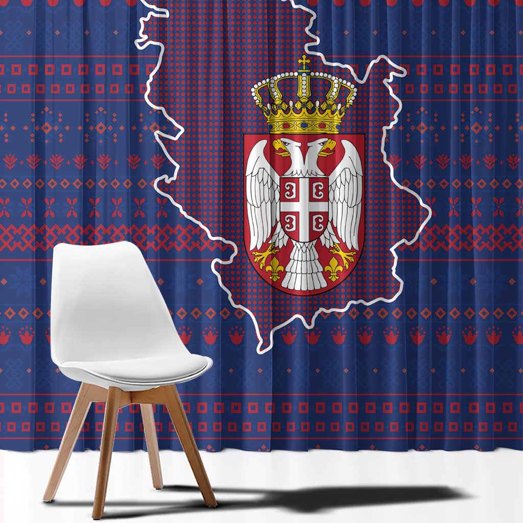 Serbia Window Curtain with National Map and Coat of Arms Design in Blue Red Pattern