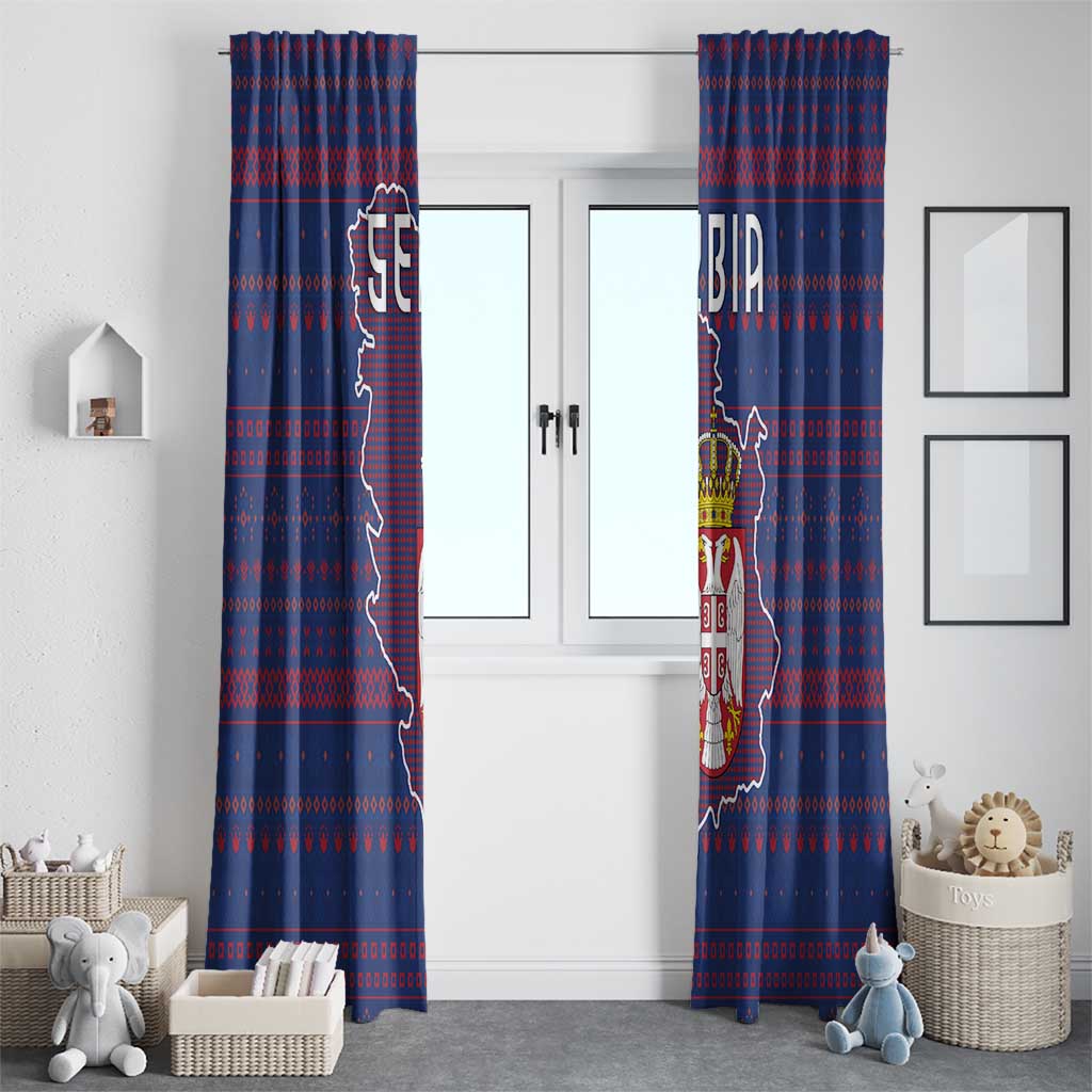 Serbia Window Curtain with National Map and Coat of Arms Design in Blue Red Pattern
