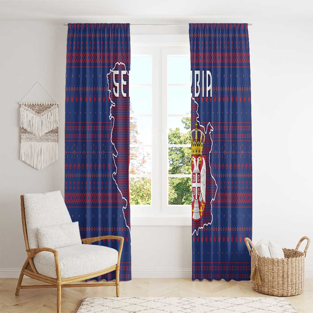 Serbia Window Curtain with National Map and Coat of Arms Design in Blue Red Pattern