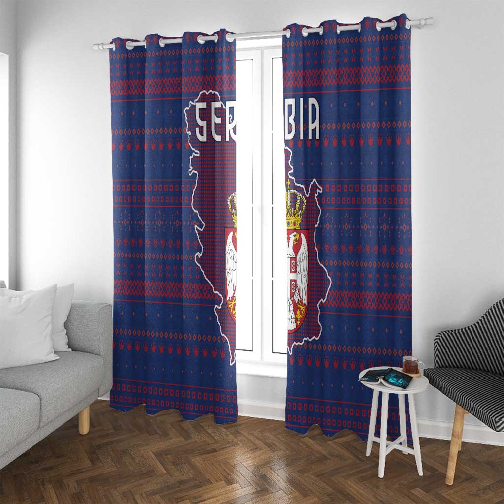 Serbia Window Curtain with National Map and Coat of Arms Design in Blue Red Pattern