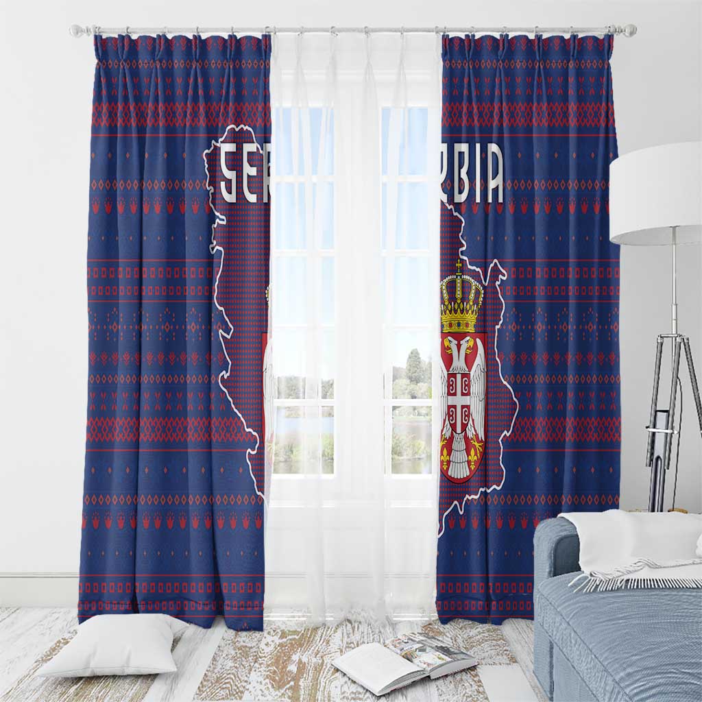 Serbia Window Curtain with National Map and Coat of Arms Design in Blue Red Pattern
