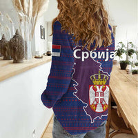 Serbia Women Casual Shirt with National Map and Coat of Arms Design in Blue Red Pattern