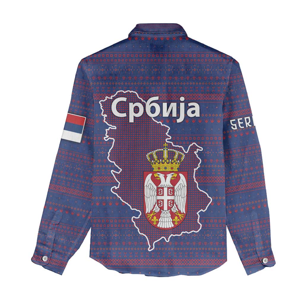 Serbia Women Casual Shirt with National Map and Coat of Arms Design in Blue Red Pattern
