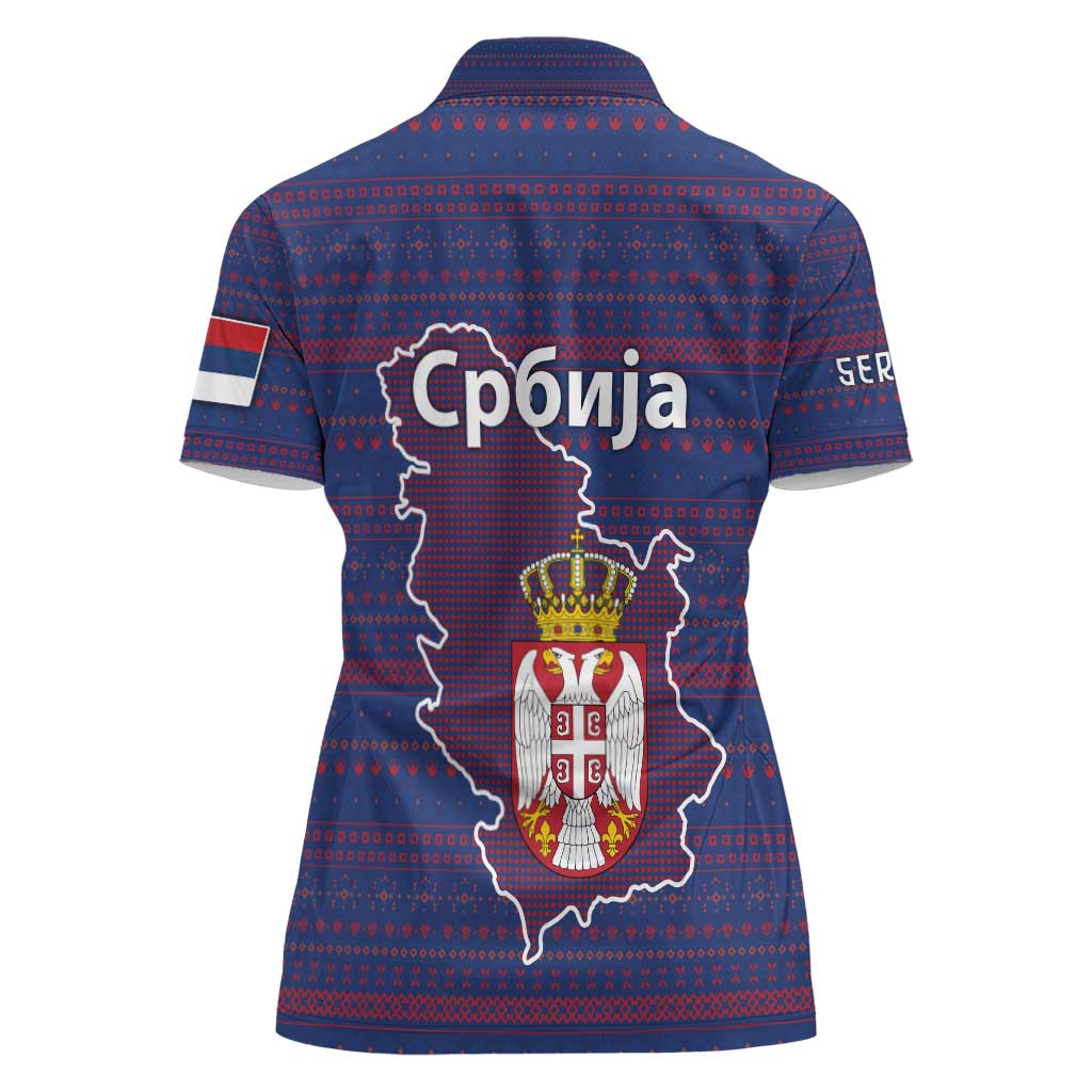 Serbia Women Polo Shirt with National Map and Coat of Arms Design in Blue Red Pattern