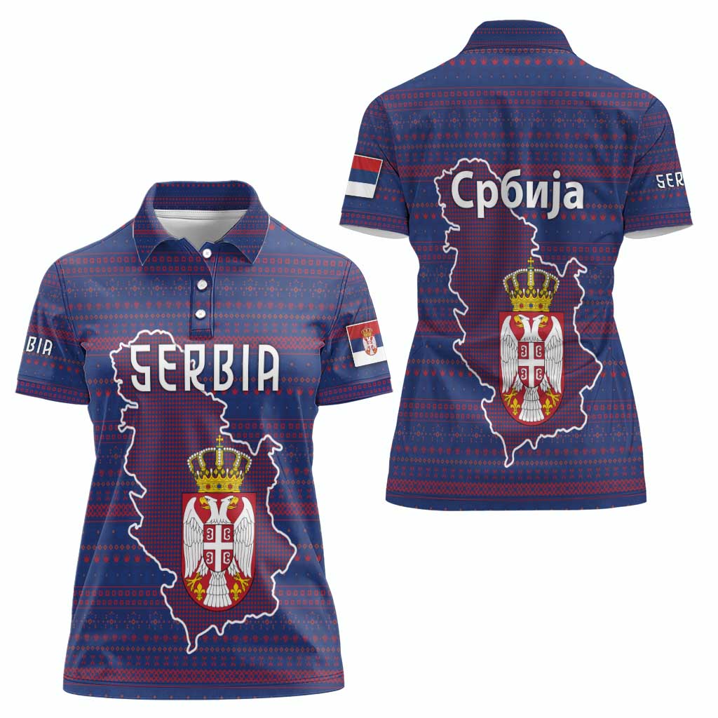 Serbia Women Polo Shirt with National Map and Coat of Arms Design in Blue Red Pattern