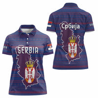 Serbia Women Polo Shirt with National Map and Coat of Arms Design in Blue Red Pattern