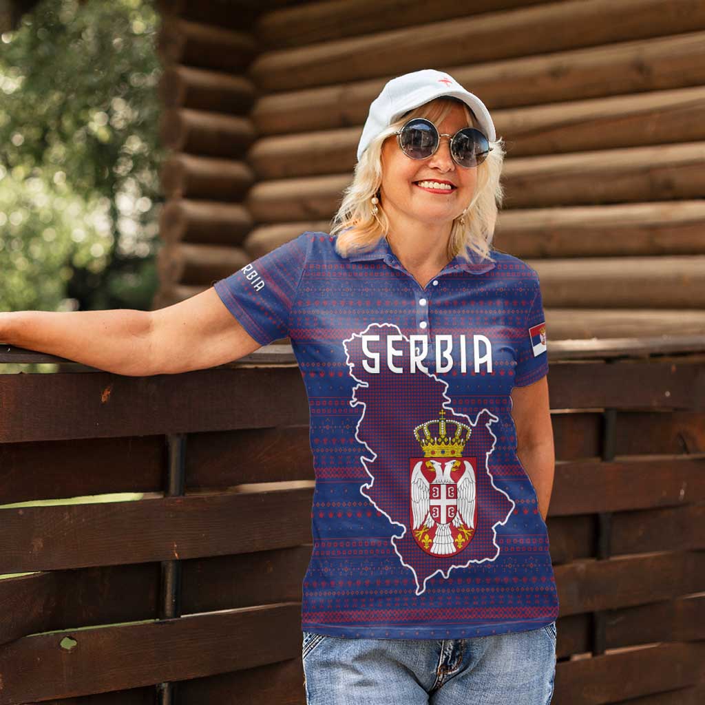 Serbia Women Polo Shirt with National Map and Coat of Arms Design in Blue Red Pattern