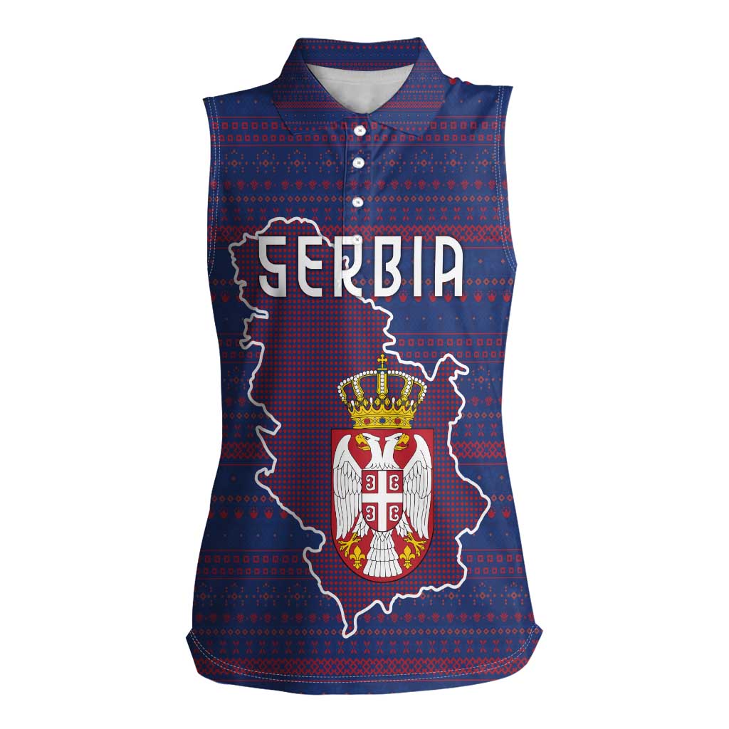 Serbia Women Sleeveless Polo Shirt with National Map and Coat of Arms Design in Blue Red Pattern