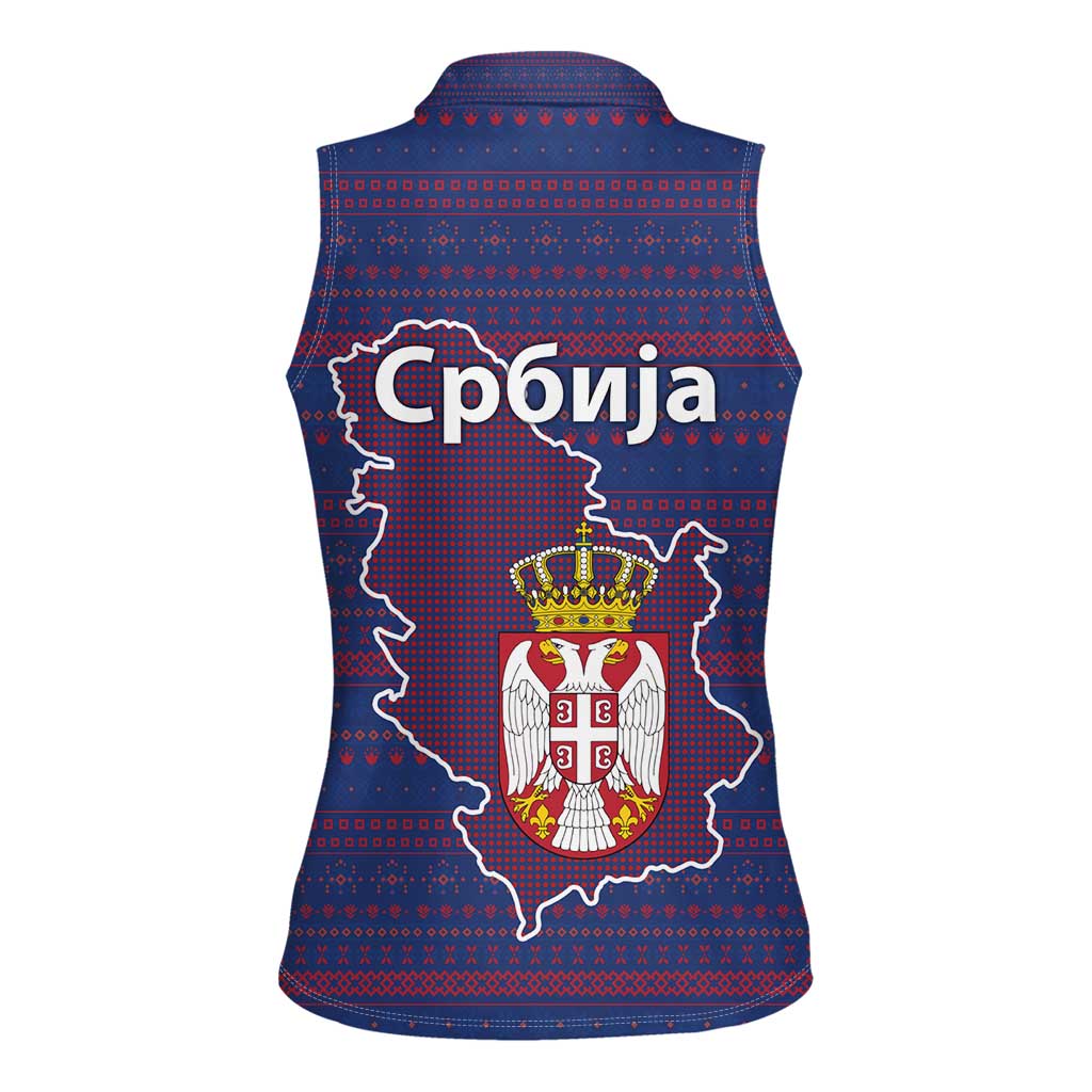 Serbia Women Sleeveless Polo Shirt with National Map and Coat of Arms Design in Blue Red Pattern