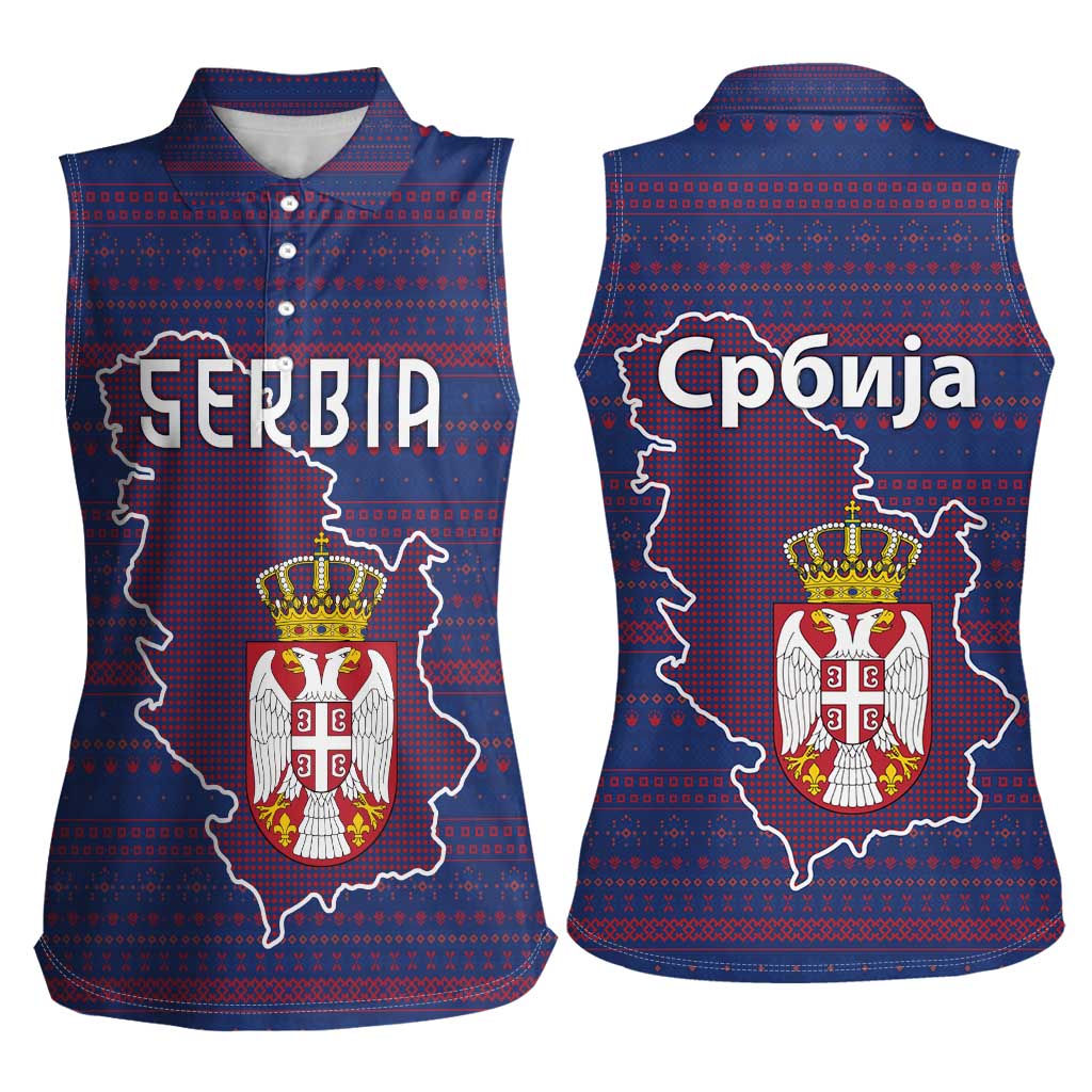Serbia Women Sleeveless Polo Shirt with National Map and Coat of Arms Design in Blue Red Pattern