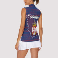 Serbia Women Sleeveless Polo Shirt with National Map and Coat of Arms Design in Blue Red Pattern