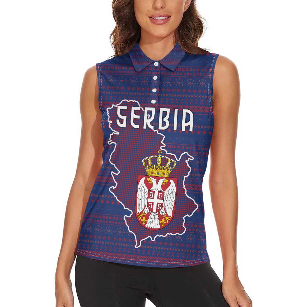 Serbia Women Sleeveless Polo Shirt with National Map and Coat of Arms Design in Blue Red Pattern