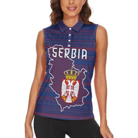 Serbia Women Sleeveless Polo Shirt with National Map and Coat of Arms Design in Blue Red Pattern