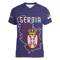 Serbia Women V-Neck T-Shirt with National Map and Coat of Arms Design in Blue Red Pattern