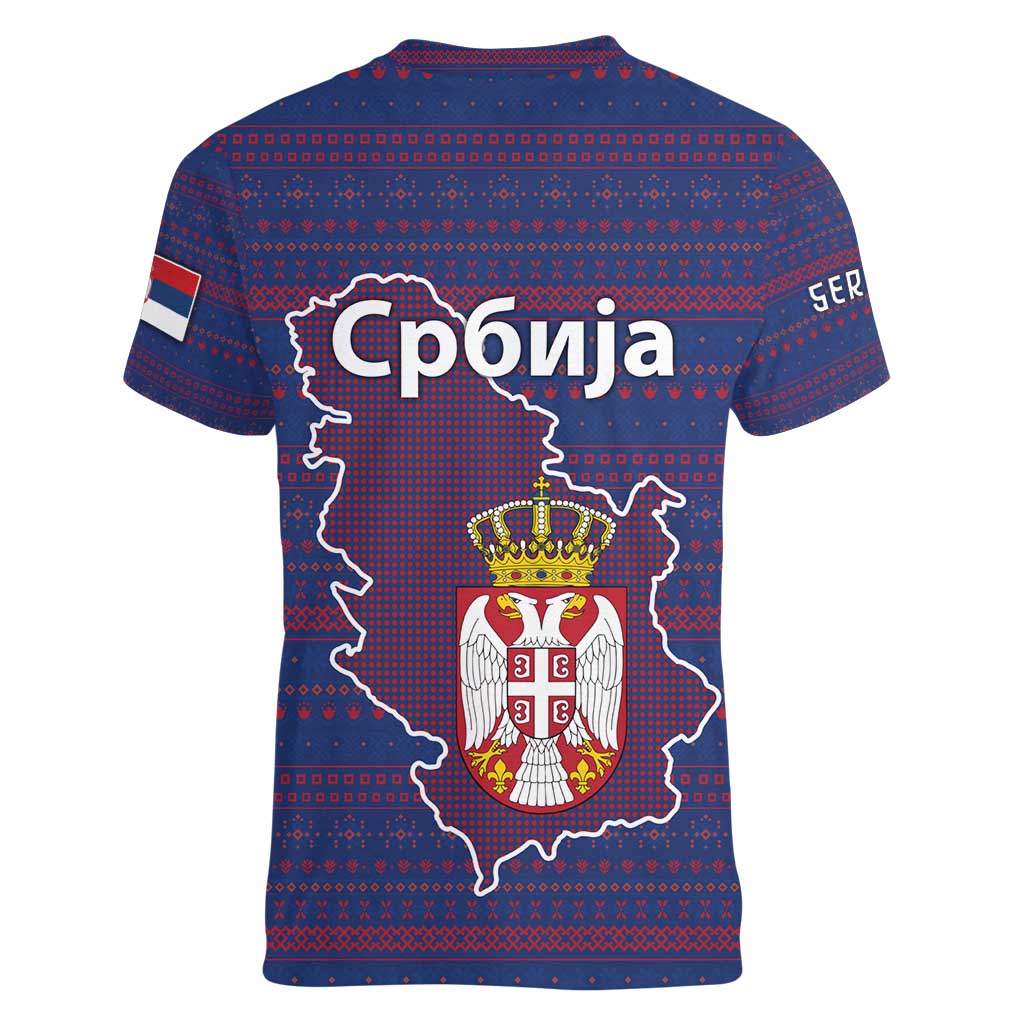 Serbia Women V-Neck T-Shirt with National Map and Coat of Arms Design in Blue Red Pattern