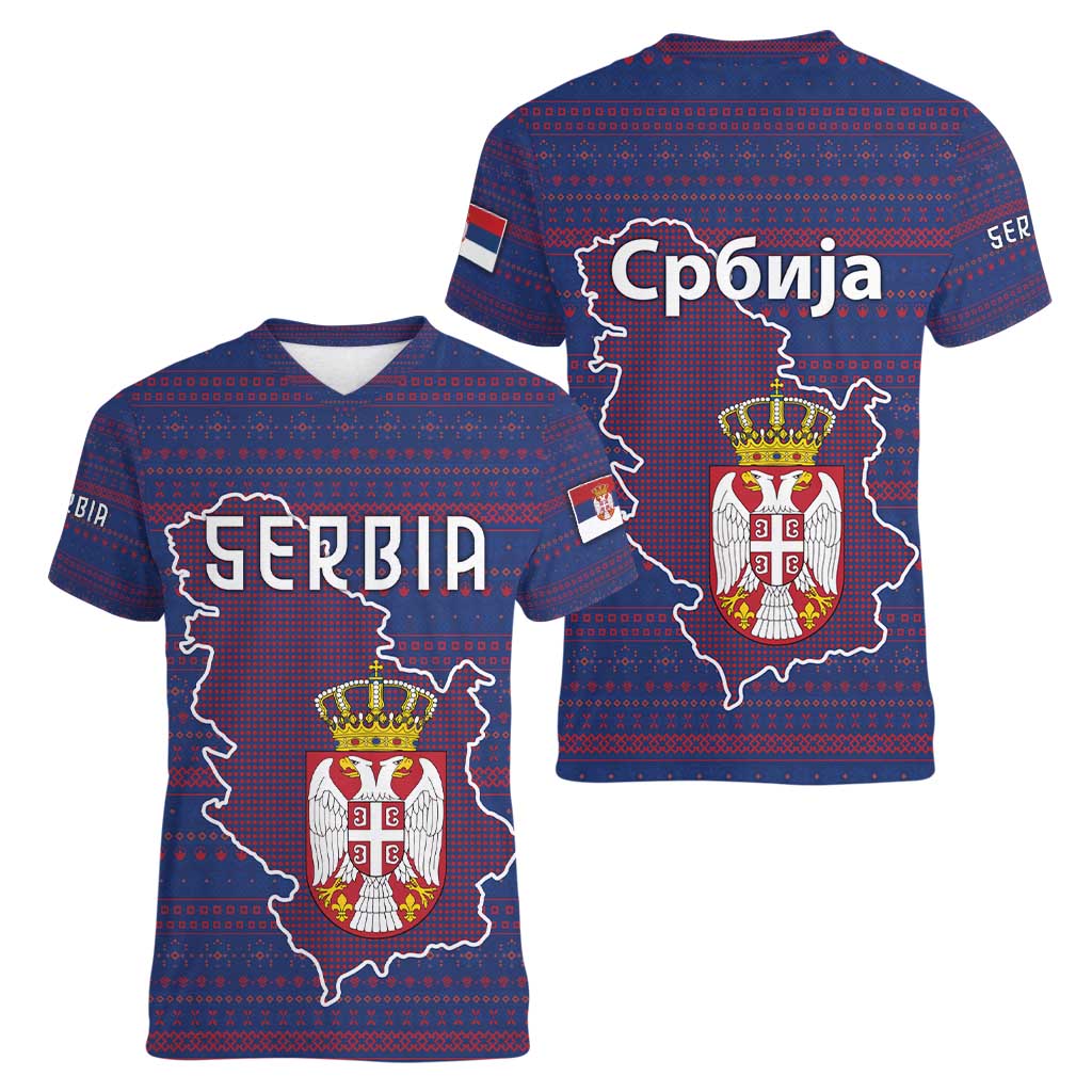 Serbia Women V-Neck T-Shirt with National Map and Coat of Arms Design in Blue Red Pattern